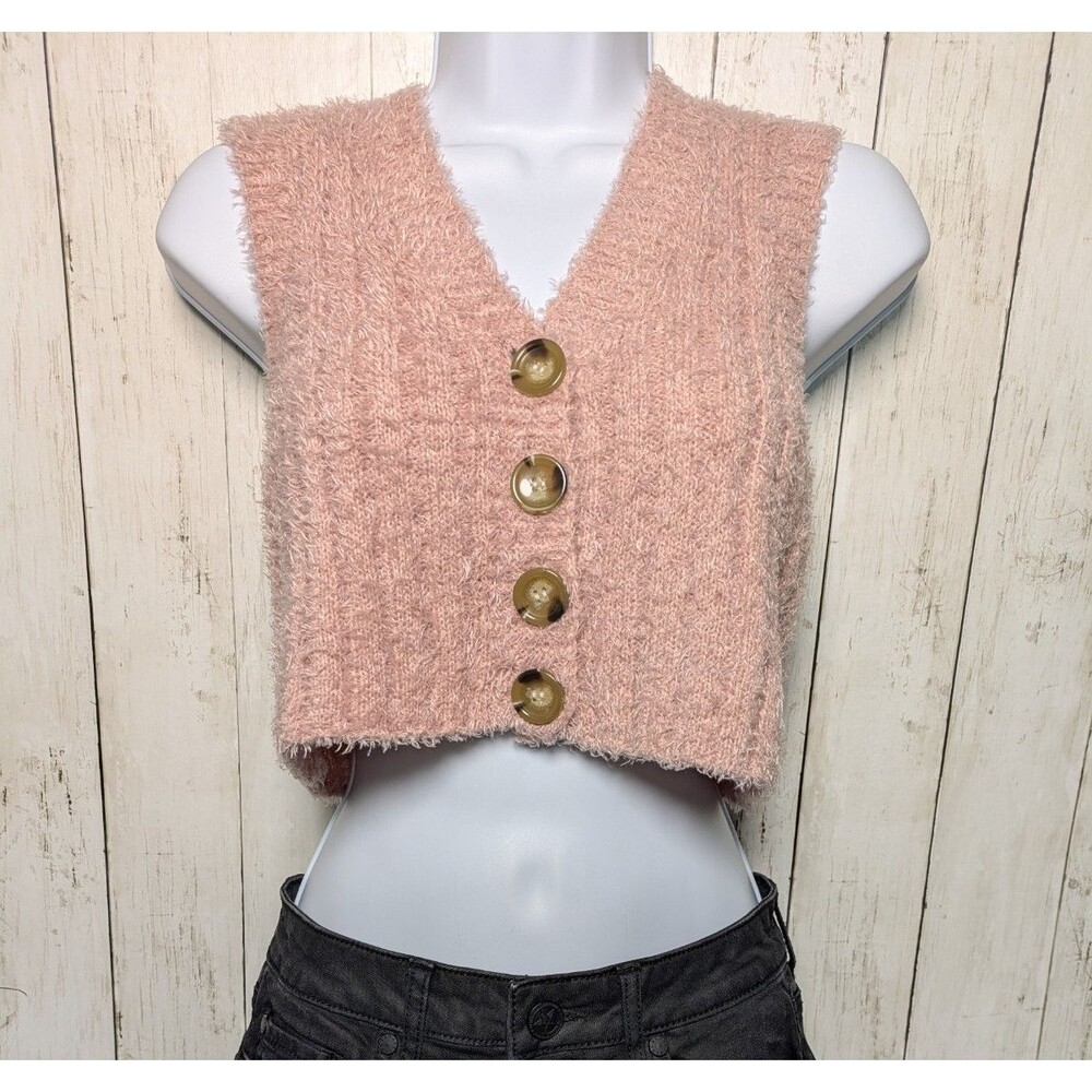 Pink Fuzzy Button Vest Size Small Cozy Soft Girl Cropped Cute Coquette Valentine